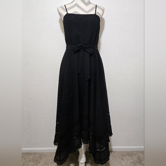 AQUA Black Midi Dress Swiss Dot Lace Inset Handkerchief Hem Tie Waist Small - Picture 2 of 15